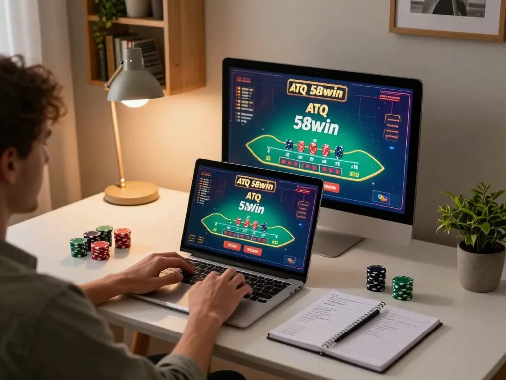 Engaging with ATQ 58win online casino gaming on a laptop in a cozy home setup, highlighting strategic gameplay.
