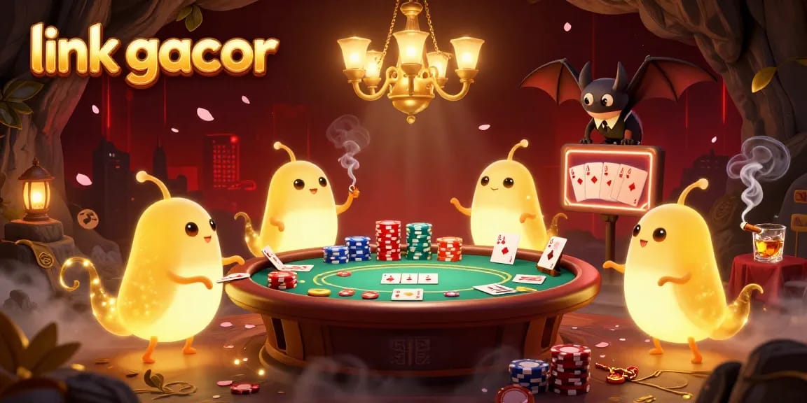 Experience the thrill with link gacor lighting up a vibrant casino scene filled with glowworms and poker elements.