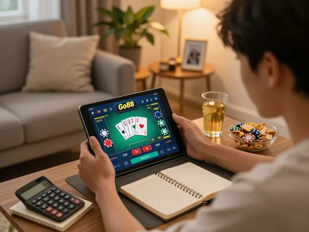 Người chơi Go88 đang lập chiến lược với một máy tính bảng hiển thị ứng dụng casino trong một ngôi nhà ấm cúng