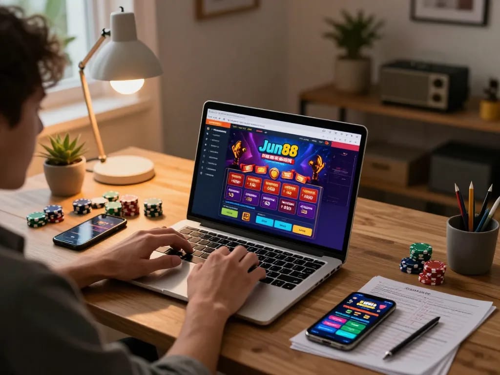 Player engaging with Jun88 online casino on laptop, featuring a vibrant gaming interface and strategic notes.