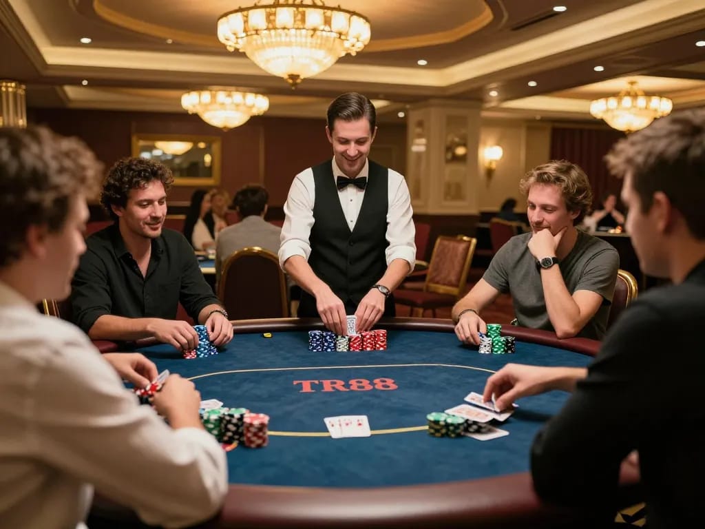 TR88 players enjoying a high-stakes poker game with vibrant chips and professional dealer in a luxurious casino.