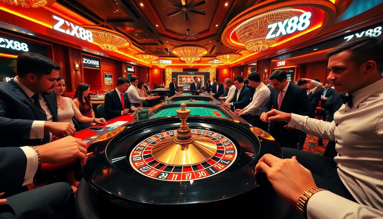 Players enjoying an exhilarating experience at ZX88's luxurious casino table filled with vibrant poker chips and cards.