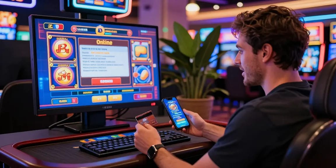 Player engaging with online casinos that accept credit cards, surrounded by vibrant graphics and a modern gaming atmosphere.