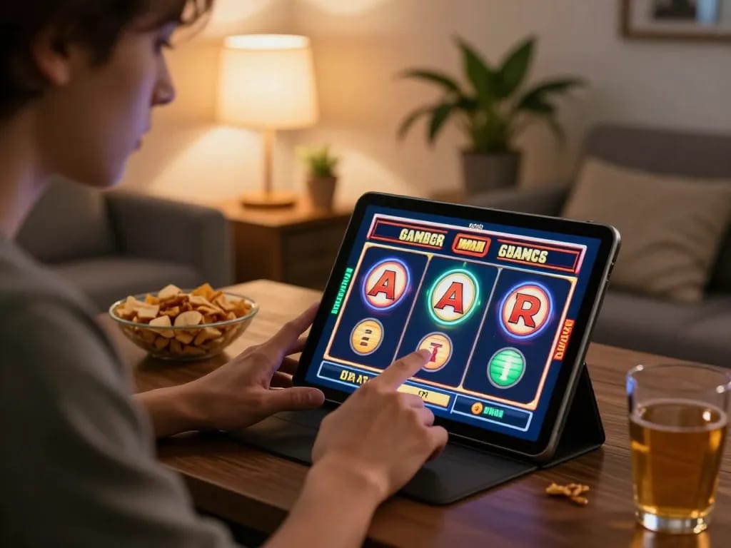 Gambler enjoying 789p slot games on a tablet in a cozy home setting while strategizing gameplay.
