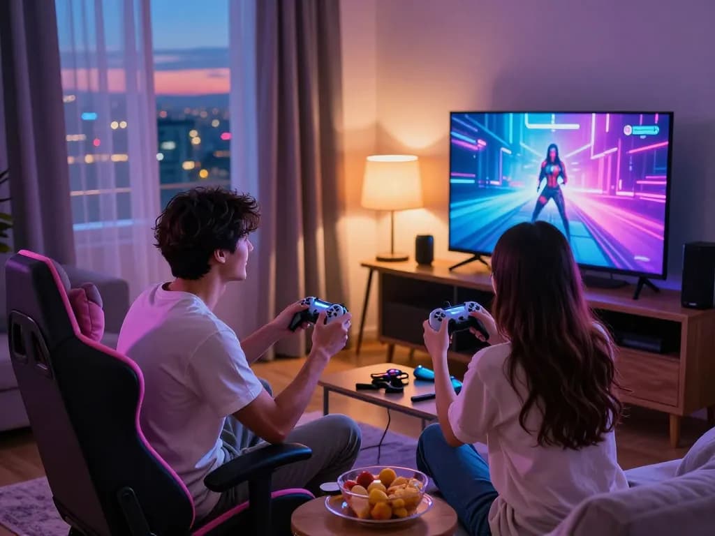 Two players enjoying a sex game on a large screen in an ambient bedroom setting.