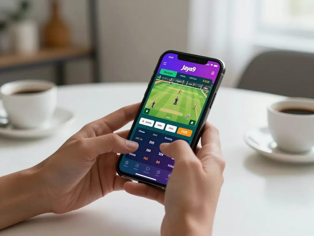 Betting on joya9 best cricket with smartphone in a modern setting.