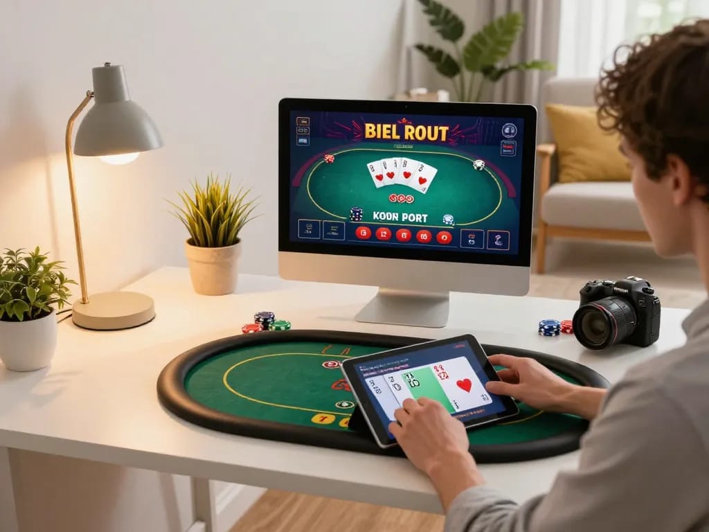 Engaging online gaming scene with a player exploring 58wiin casino app on tablet, showcasing strategy and excitement in a cozy home