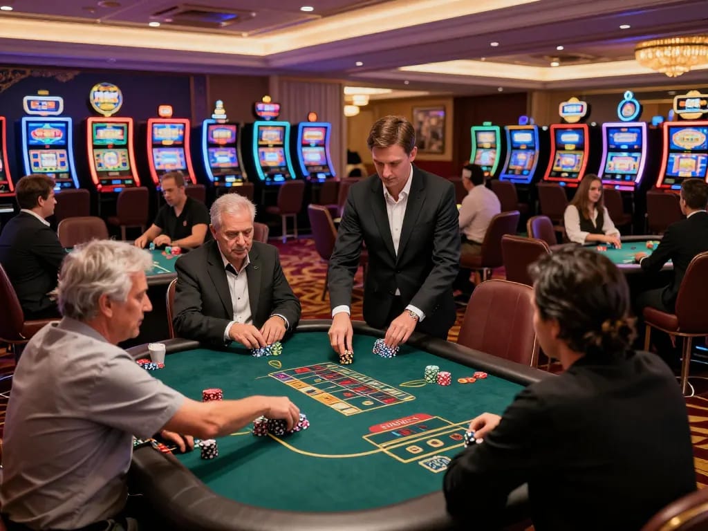 Players strategizing at LC88 casino tables, showcasing high-stakes poker action and vibrant casino atmosphere