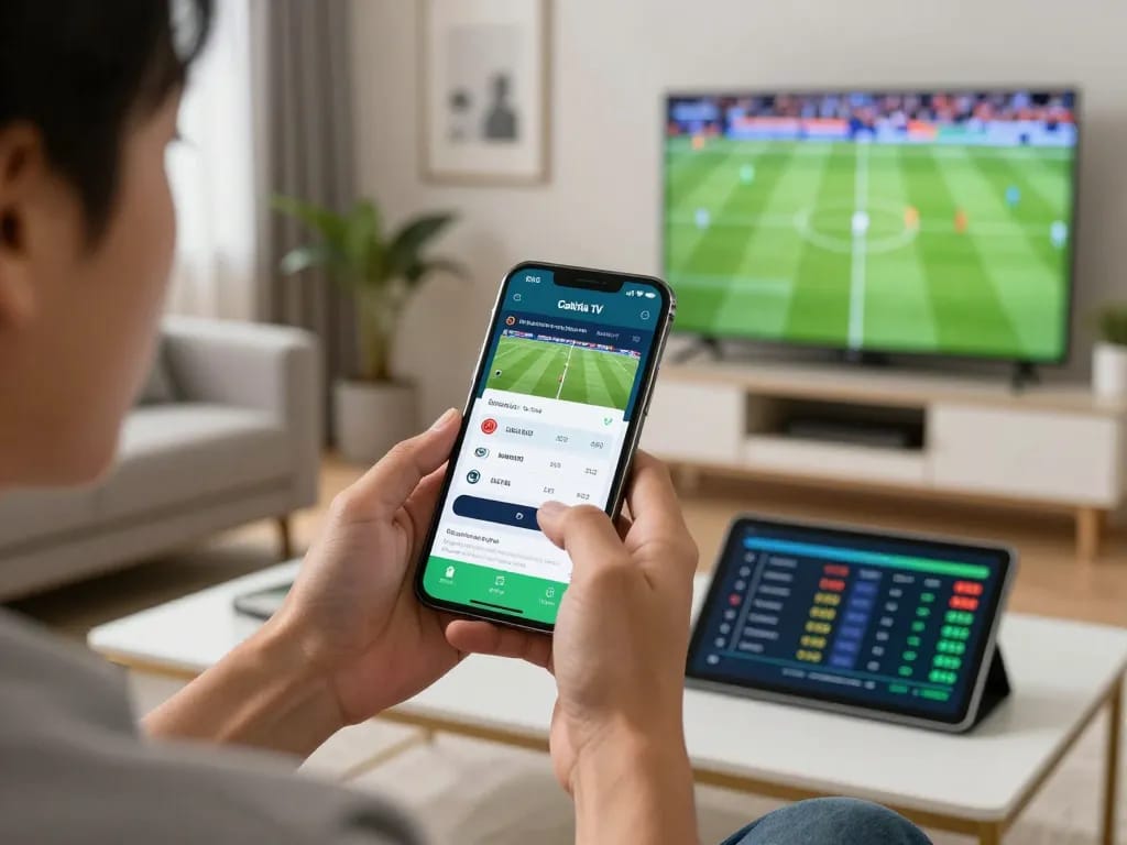 Engaging in live sports betting on Cakhia TV app, mobile excitement in a modern living room