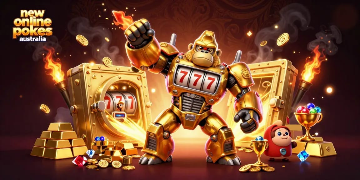Engage with new online pokies Australia through a thrilling 3D slot-themed illustration featuring a vibrant gorilla mech.