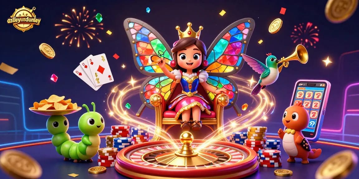Experience astleyanddunley with a vibrant illustration showcasing a butterfly queen and casino elements.