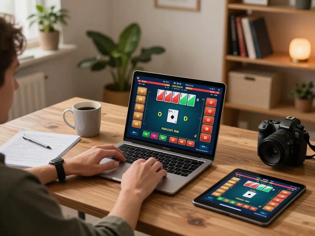 Engaging poker gameplay on laptop showcasing strategic moves at xin88 online casino.