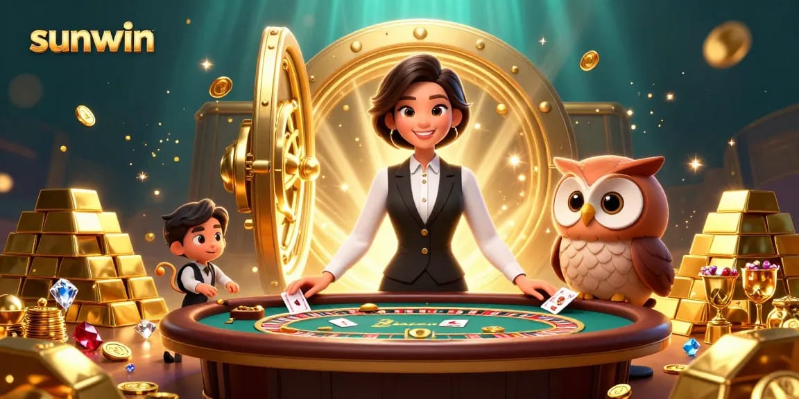 Experience sunwin's vibrant gaming atmosphere with a skillful dealer and charming owl assistant at a lively baccarat table.
