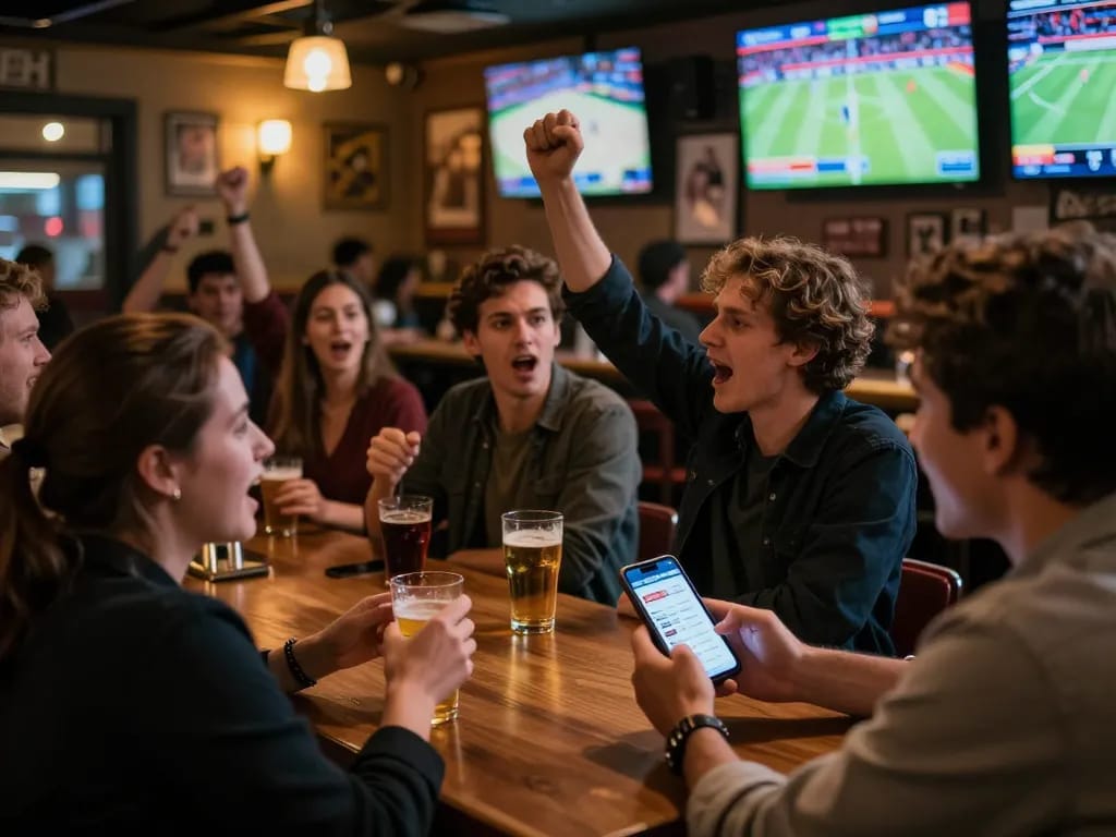 UU88 betting excitement in a lively sports bar with patrons cheering at live games.