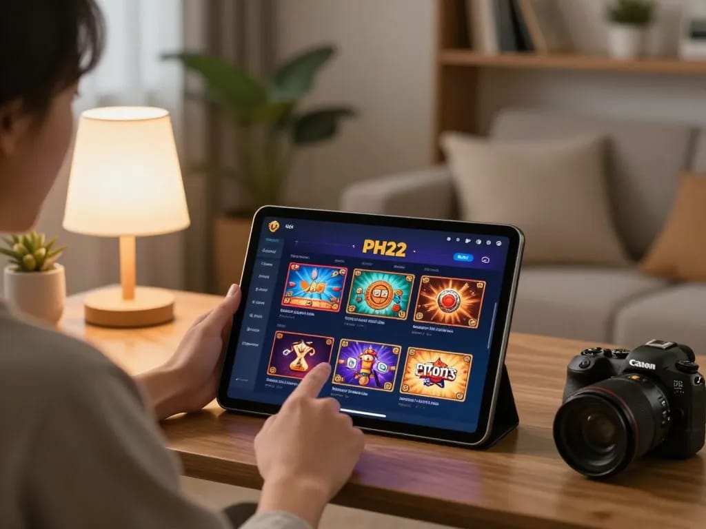Playing on PH22 casino app in a cozy home setup, showcasing immersive online gambling experience