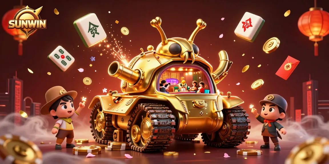 SUNWIN invites players into a thrilling miniature casino experience with a golden beetle tank surrounded by festive elements.