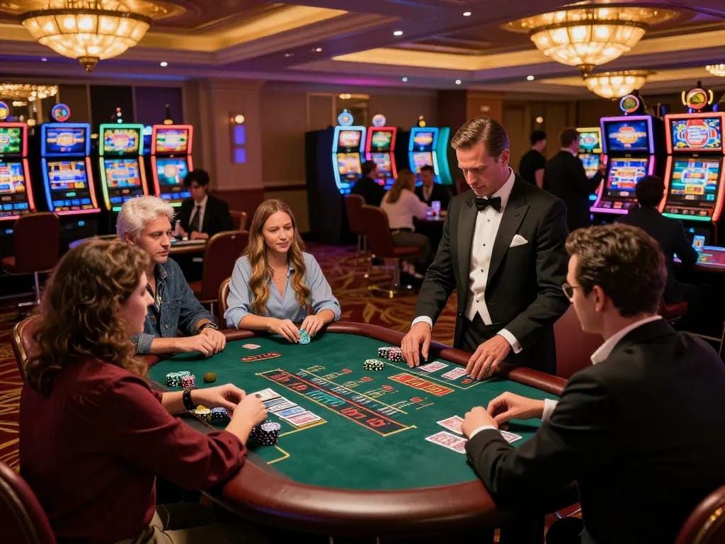 Experience high-stakes blackjack at the casino floor featuring action around the sv66 table