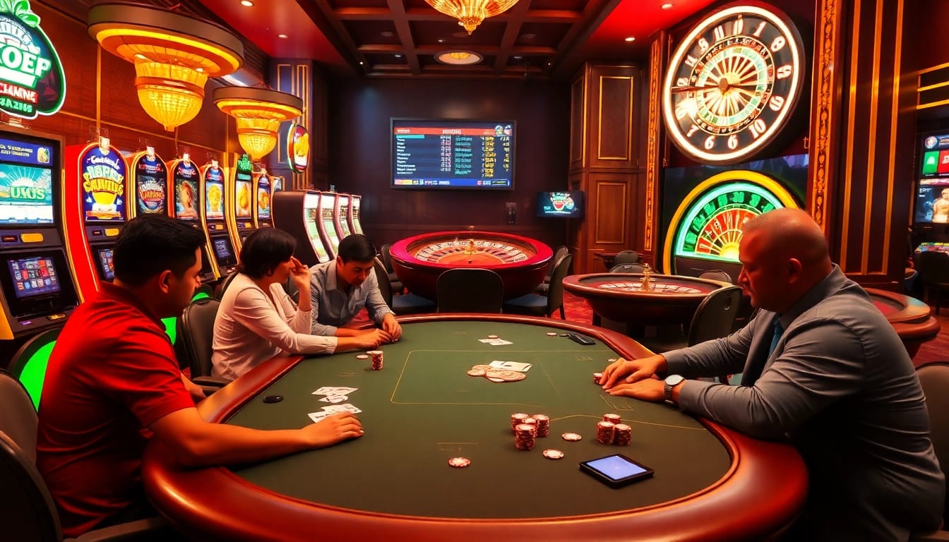 Experience high-stakes poker at a luxurious casino with chotruyen-themed excitement and vibrant atmosphere.