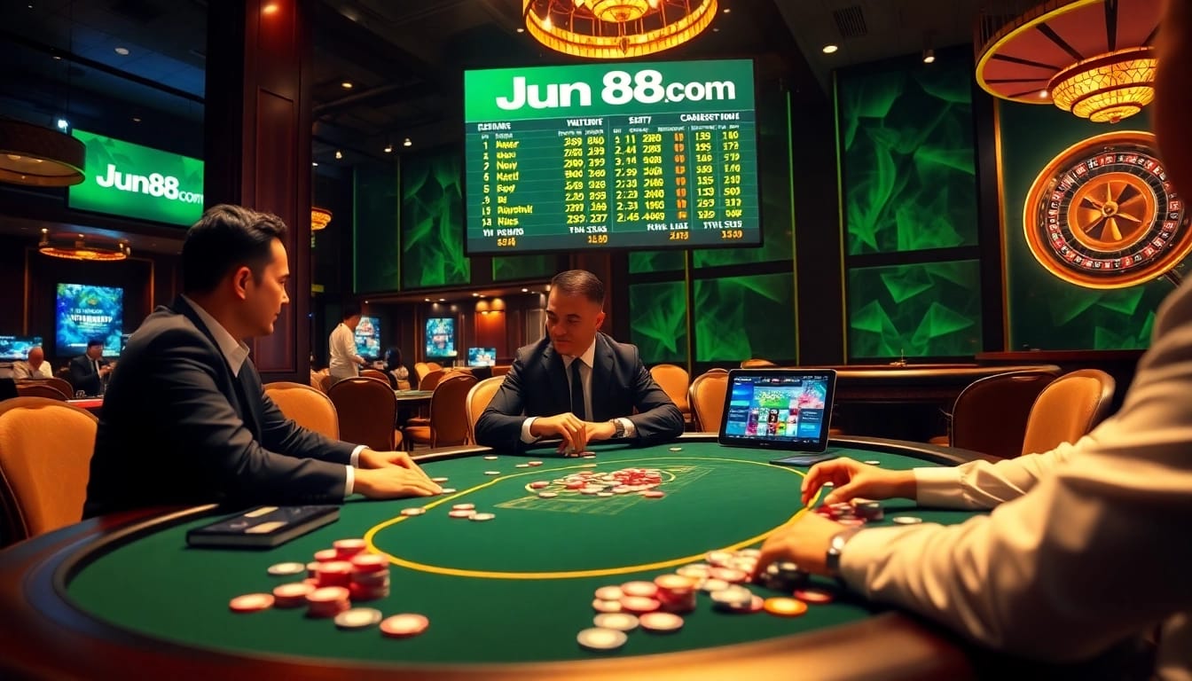 Engaging casino experience at jun88 com with vibrant poker table and live betting interface.