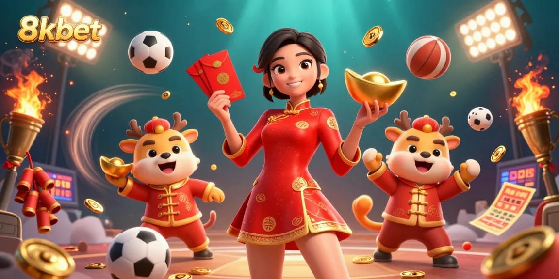 Experience dynamic sports betting action with 8xbet through vibrant 3D casino illustration depicting Asian culture and gaming elements.