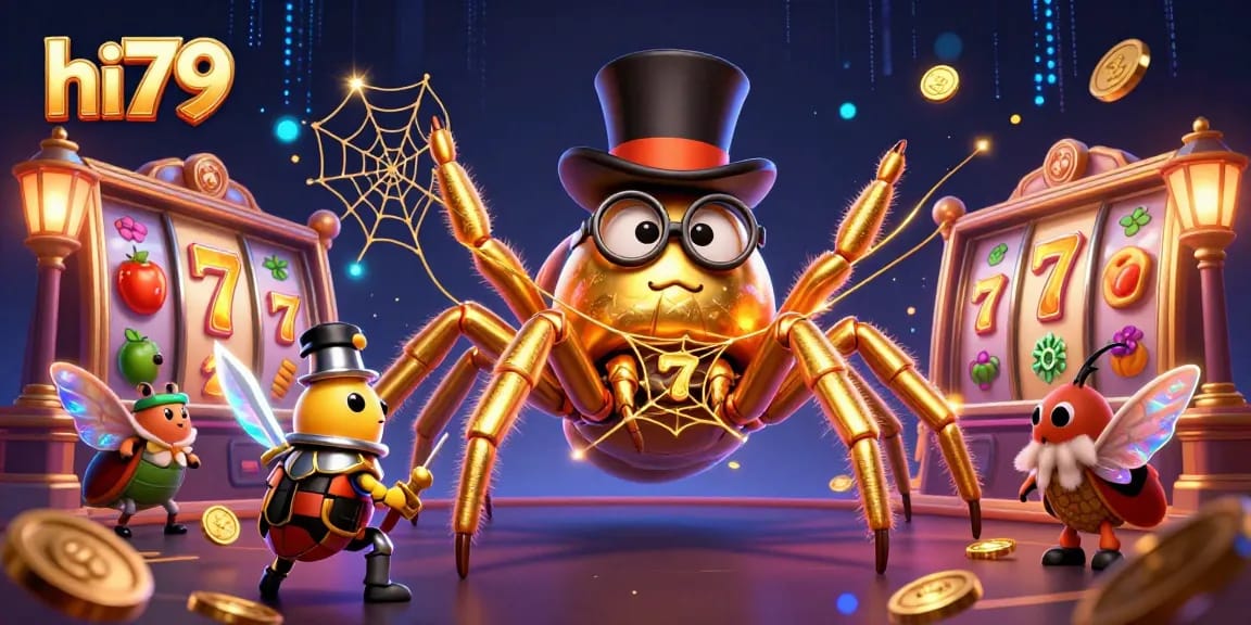 Experience the thrilling action at hi79 casino with a golden tarantula and eager beetle knight in a vibrant gambling scene.