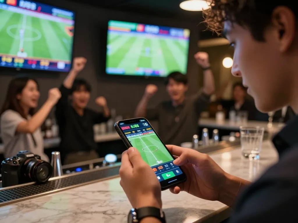 BJ88 user placing sports bets on smartphone during live football match, capturing the excitement of online gambling.