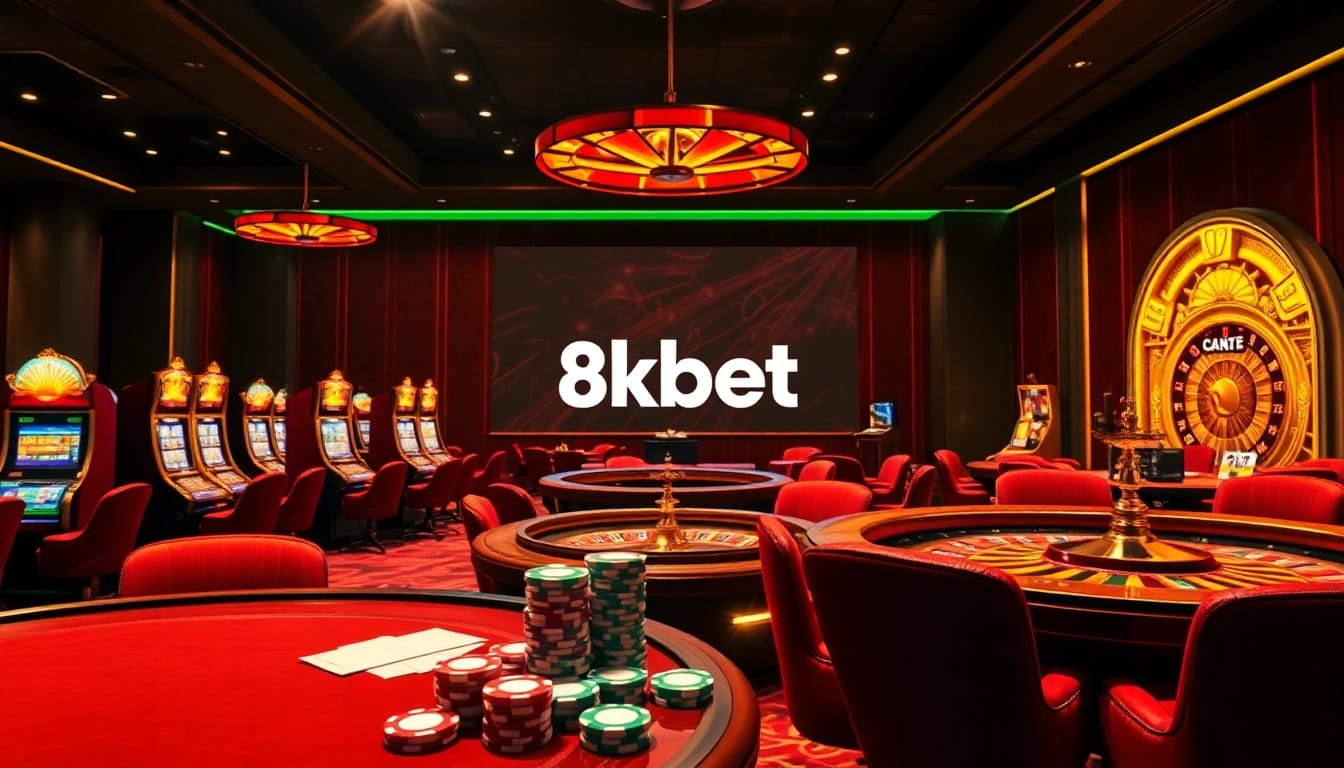 Experience the excitement at 8Kbet with luxurious casino visuals showcasing gaming action.