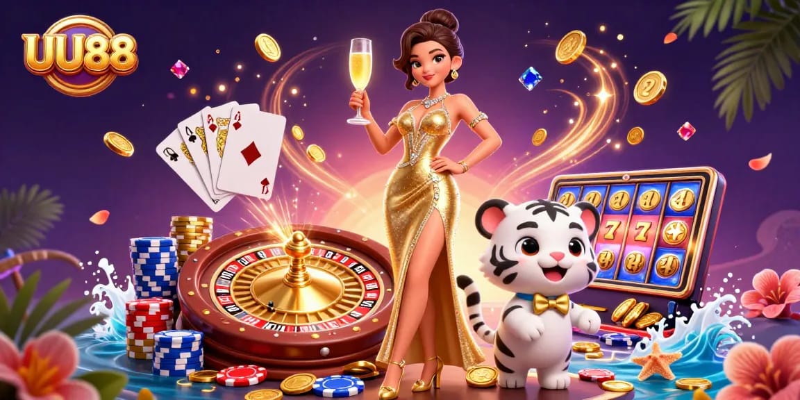 Experience the excitement of UU88 casino action with stunning visuals of a glamorous woman and a lucky tiger.