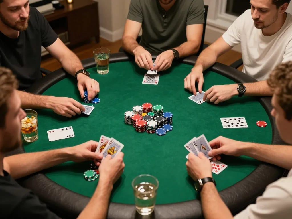 Experience exciting poker action with friends in a relaxed home setting, showcasing Go89living moments.