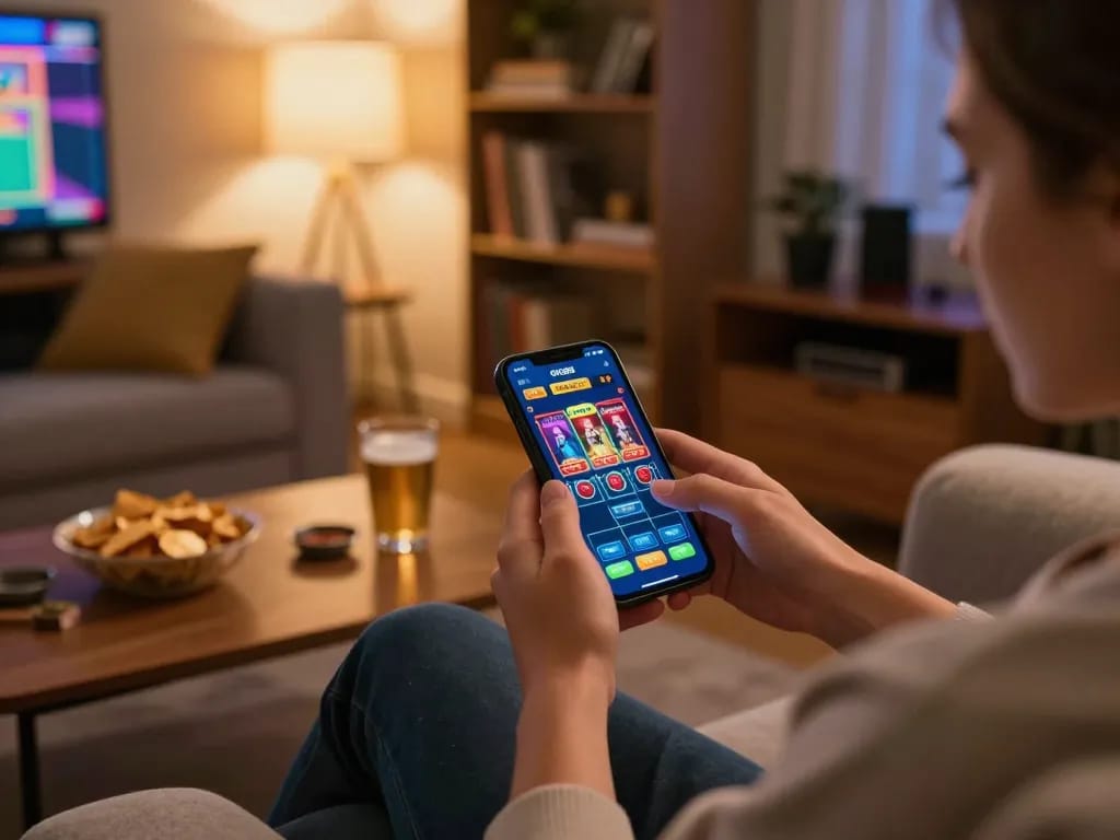 Player engaging with GK88 app on smartphone, cozy home gaming experience with snacks and drinks