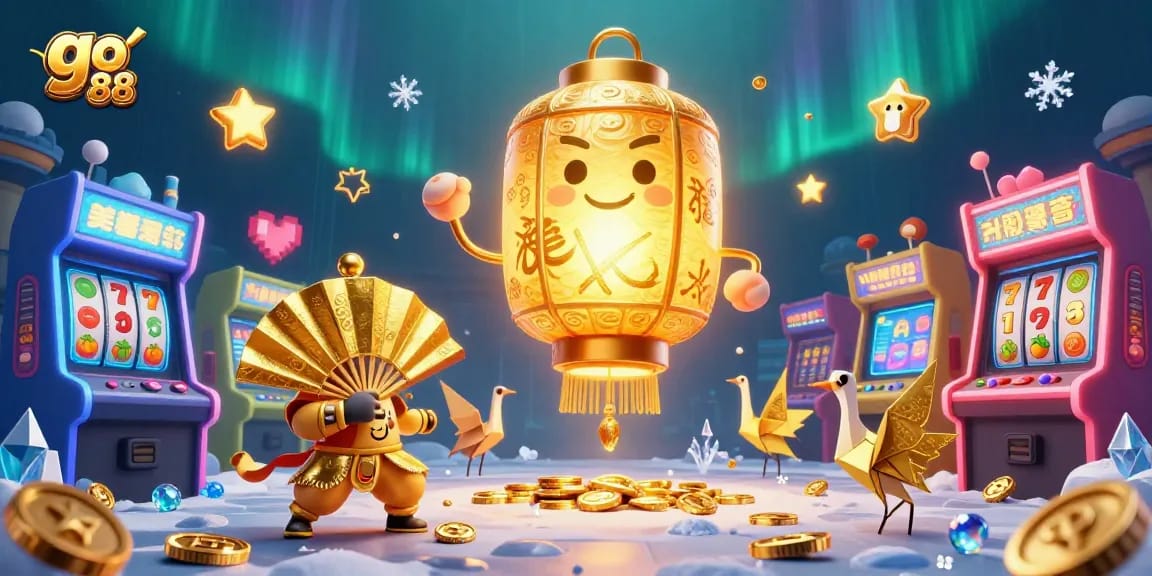 Experience go 88 excitement with a vibrant, interactive casino-themed illustration featuring golden elements.