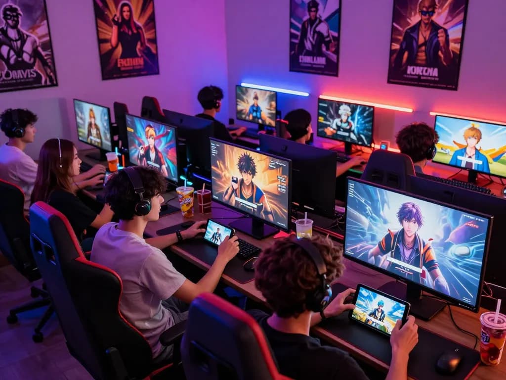 Players enjoying various porn games on multiple devices in a vibrant gaming room.