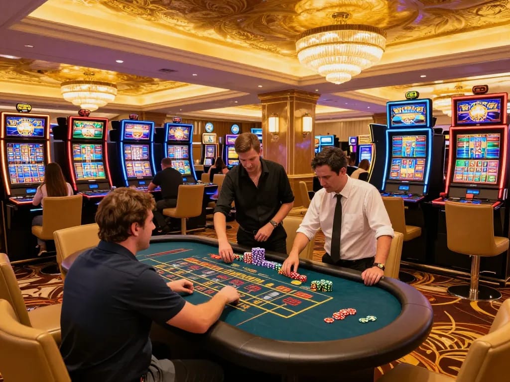 Players enjoying dynamic betting action at VIN777 casino with colorful lights and excitement