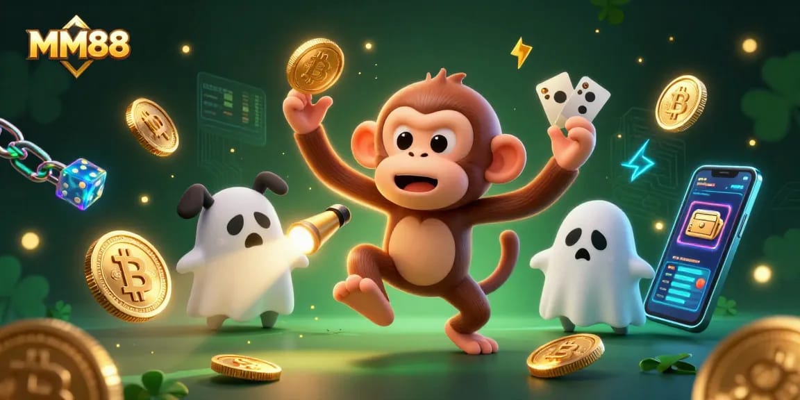 Engage with MM88's vibrant online gaming scene featuring a playful ghost and crypto elements.