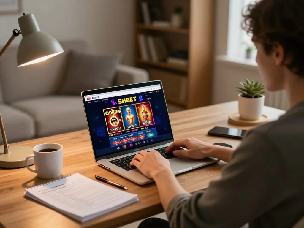 Player engaging in online casino experience with SHBET, showcasing vibrant games in cozy home setup.