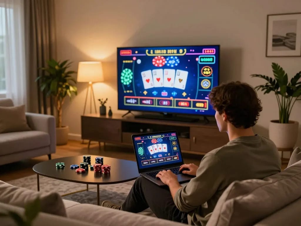 Player engaging in online games at HDBET, showcasing vibrant casino graphics and warm atmosphere