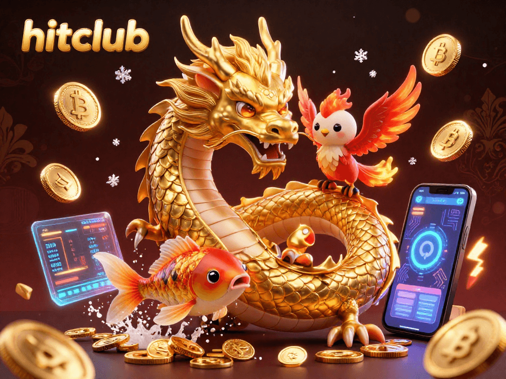 Engage in thrilling gameplay with hitclub, featuring a vibrant 3D dragon and crypto elements.