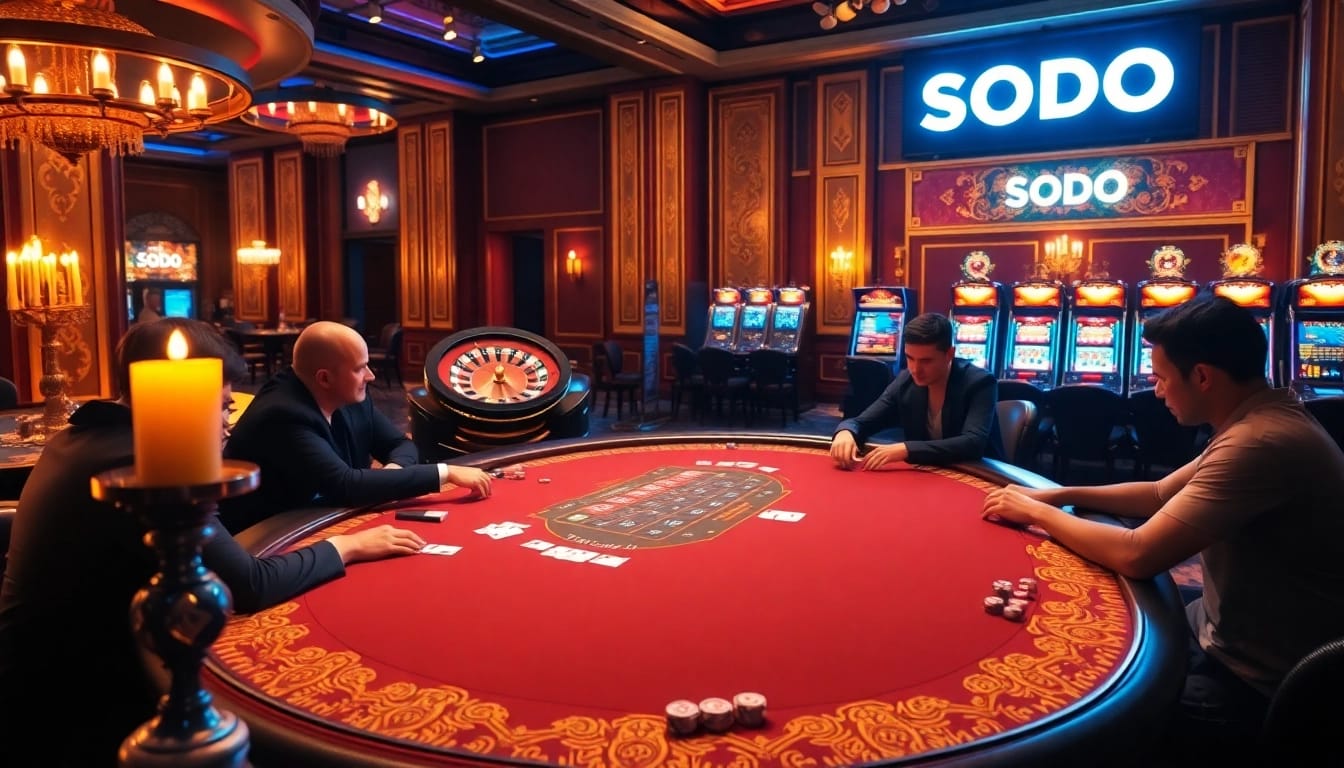 SODO casino scene featuring a high-stakes poker table with intense players and glowing slot machines.