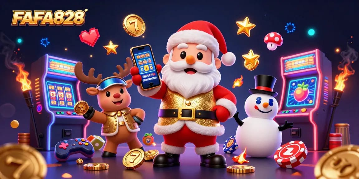 Experience exciting gaming wins with FAFA828's vibrant casino illustration showcasing a joyous Santa and friends.