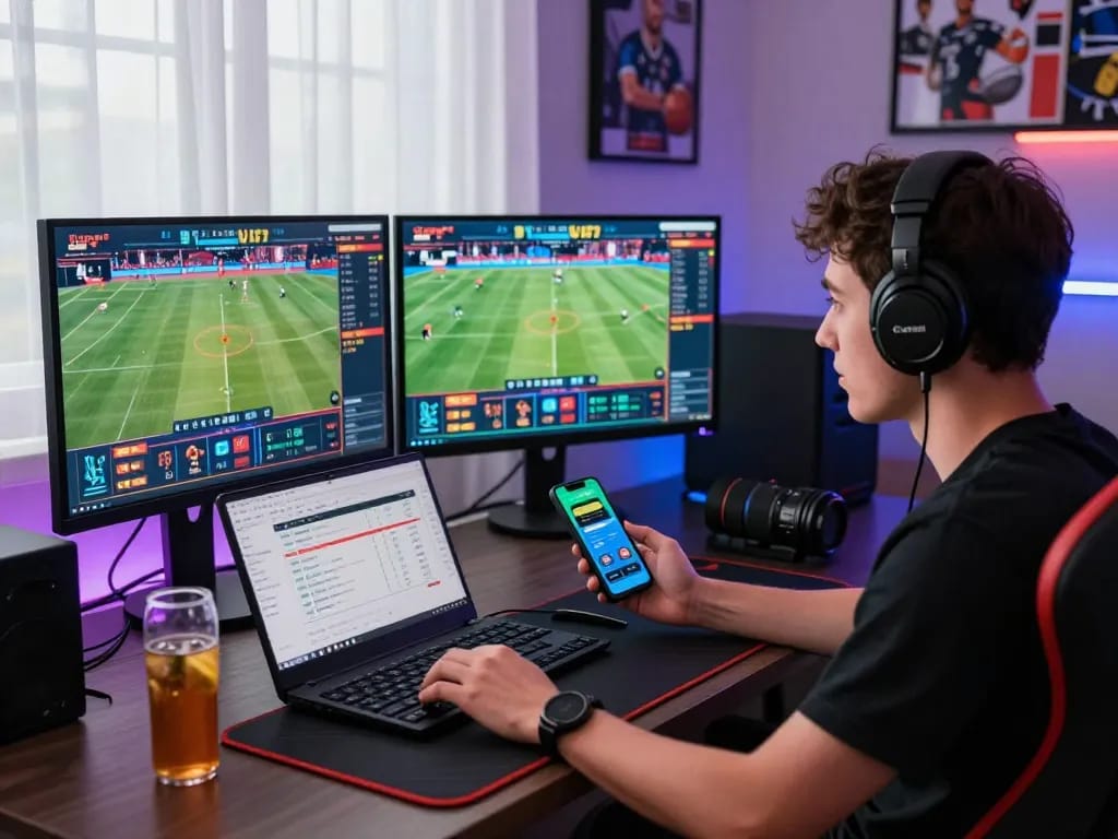 Engaging scene of a user in a modern betting setup focusing on vào bóng 1gom with live sports displayed on screens.