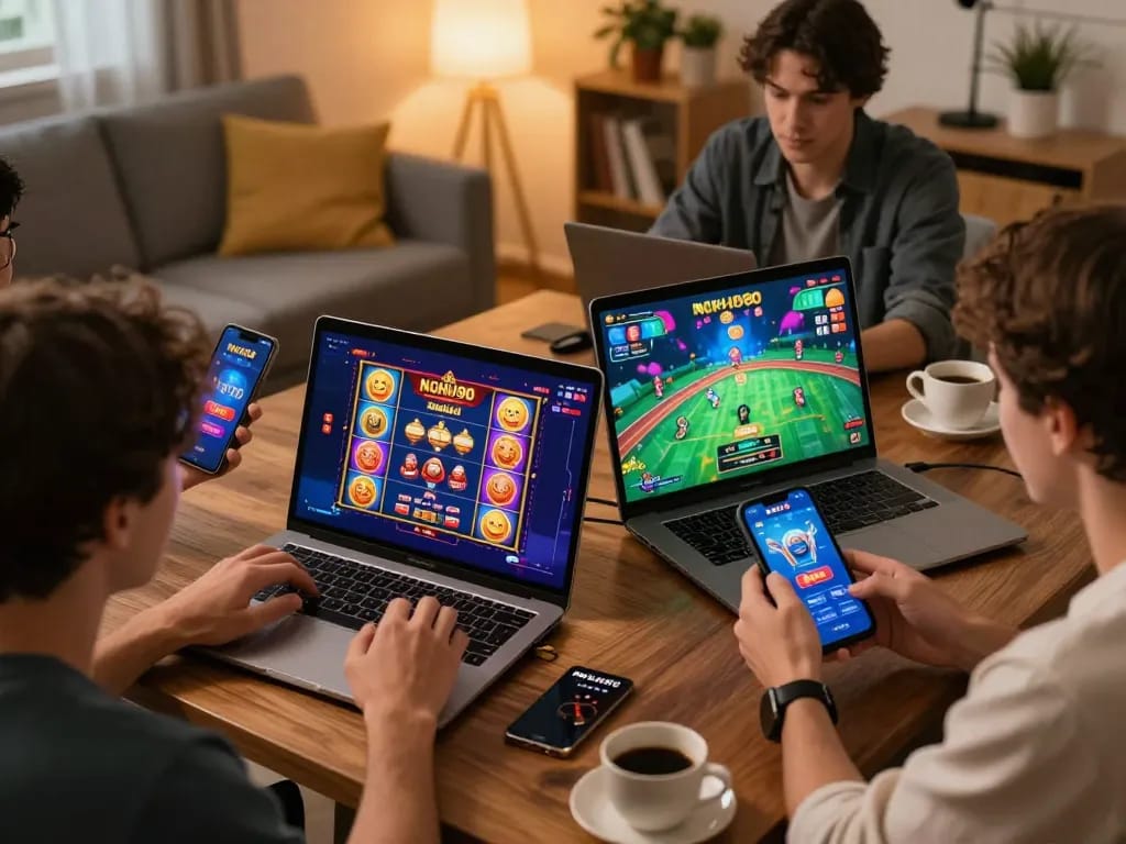 Players engaging with the NOHU90 app on mobile and laptop for online gaming excitement
