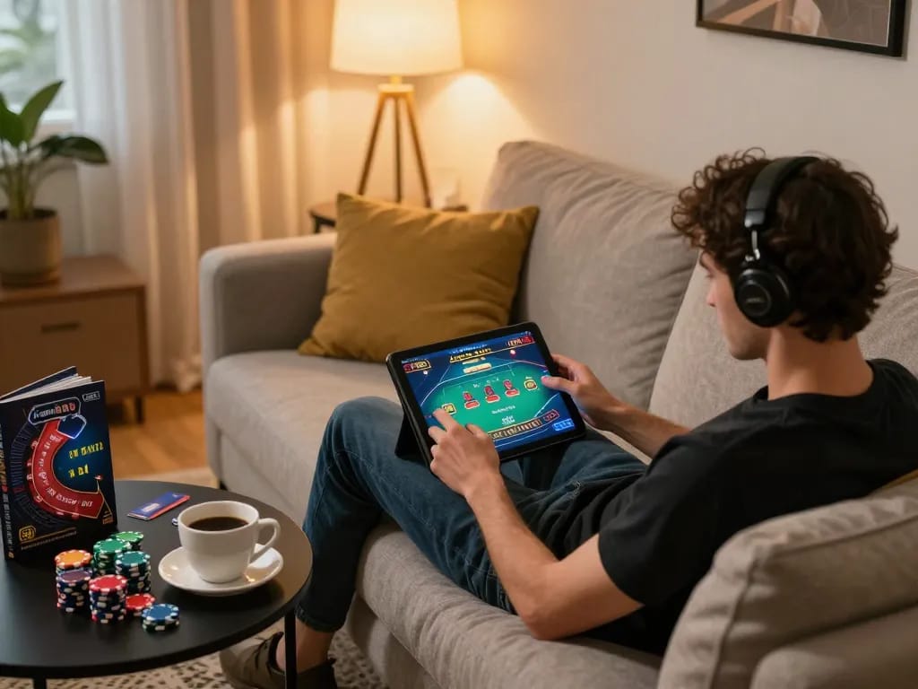 Hitclub player engaged in online betting with a tablet on a stylish couch, showcasing strategic gameplay.