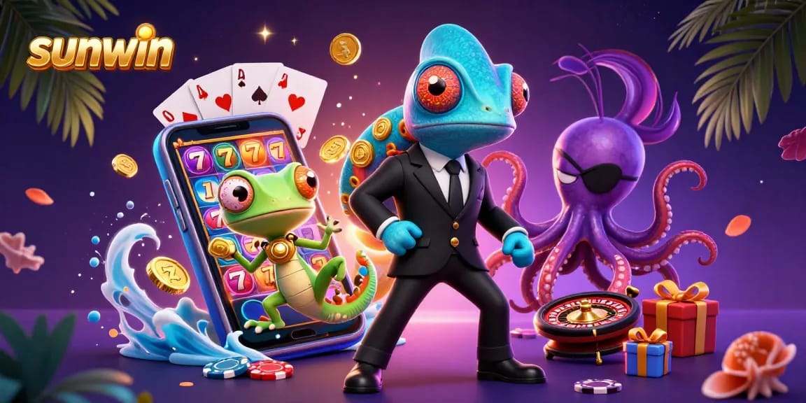 Engage with sunwin's dynamic gaming scene featuring cartoon characters and slot elements.