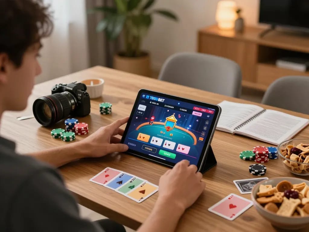 Engaged player enjoying 789BET poker game on tablet with strategic notes and snacks.