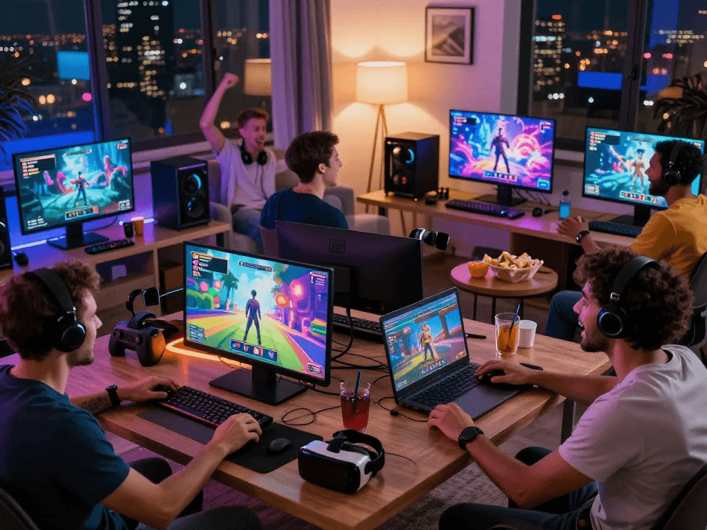 Engaged adults enjoying a variety of porn games online in a vibrant gaming setup.