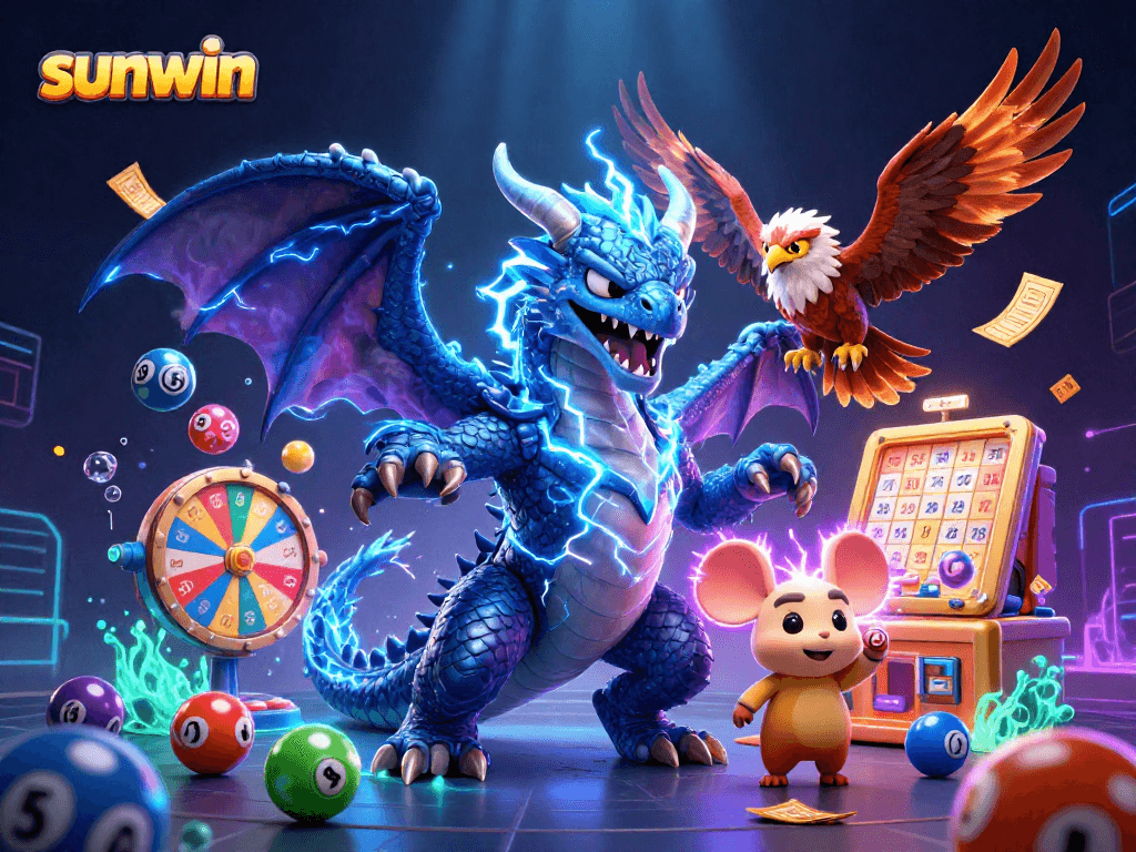 Win big with sunwin in this dynamic illustration featuring colorful lottery elements and lively characters.