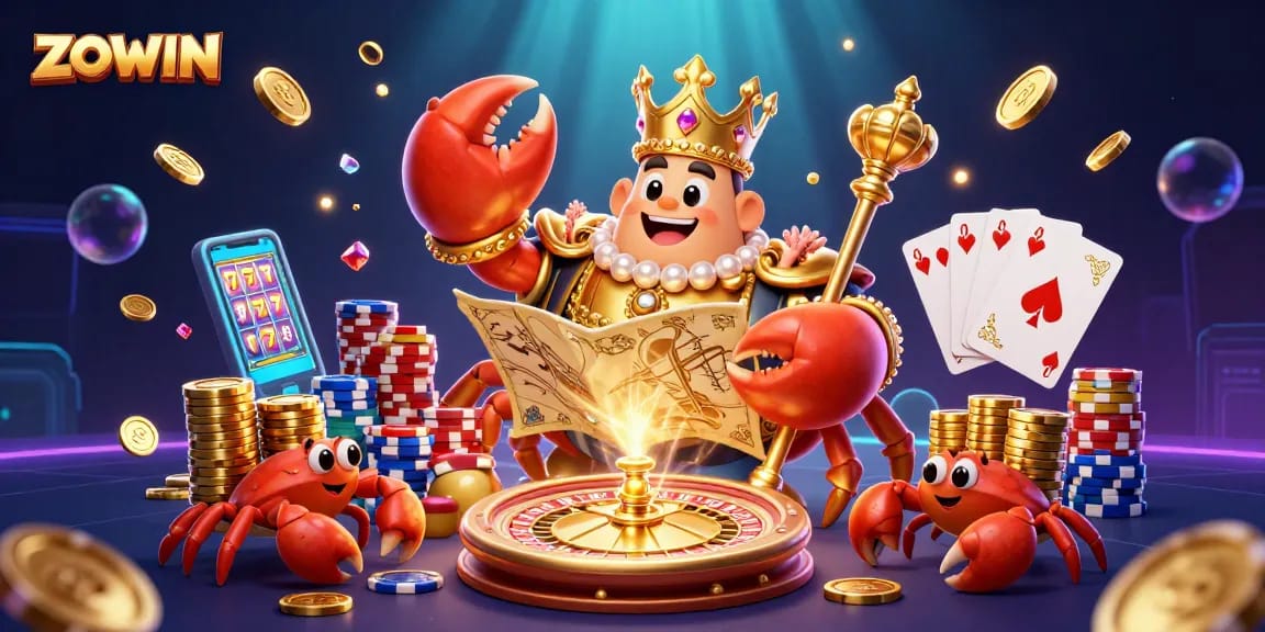 ZOWIN showcases a dynamic 3D casino scene with vibrant characters and rich gaming elements.