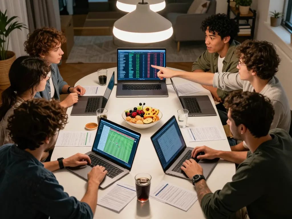Friends engaging in nhandinhkeonhacai betting analysis with laptops and sports stats