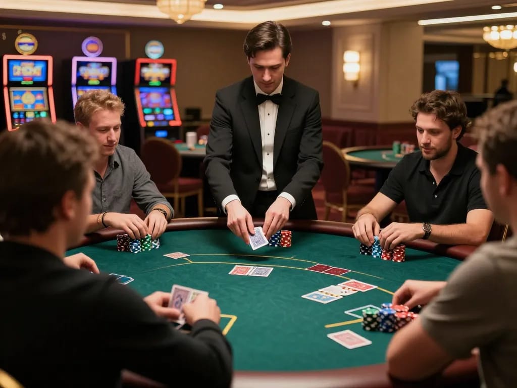 Players strategizing at a high-stakes poker table at qh88go casino, vibrant atmosphere enhances gaming excitement.