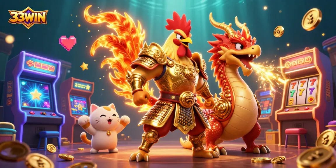 Experience the thrill of 33WIN with vibrant characters and dynamic gaming elements in this illustrated casino scene.